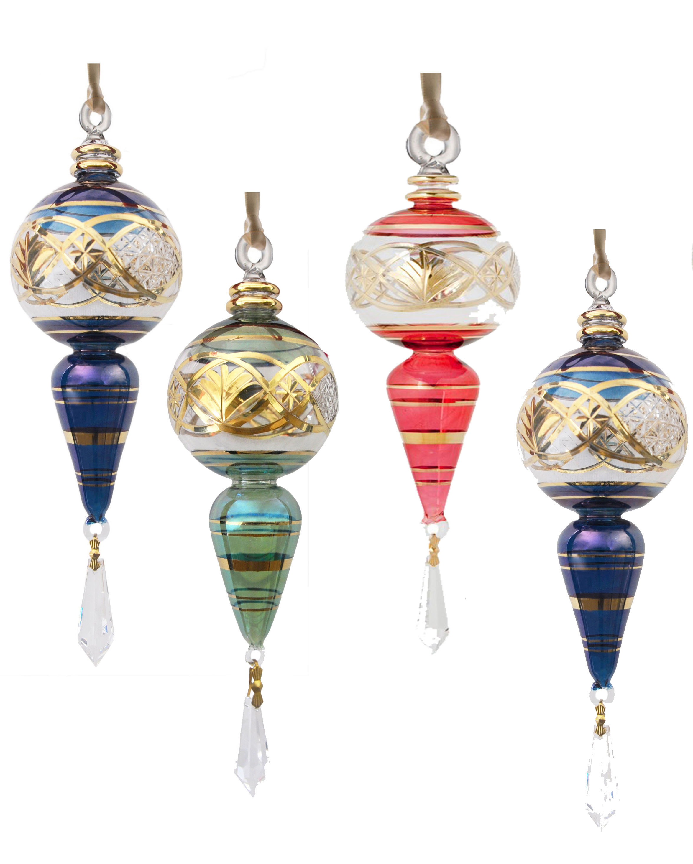 4 Hand Blown Glass Ornaments with crystal drop
