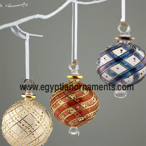 Lot Of 3 Blown Glass Egyptian Christmas Ornaments with 14 k Gold